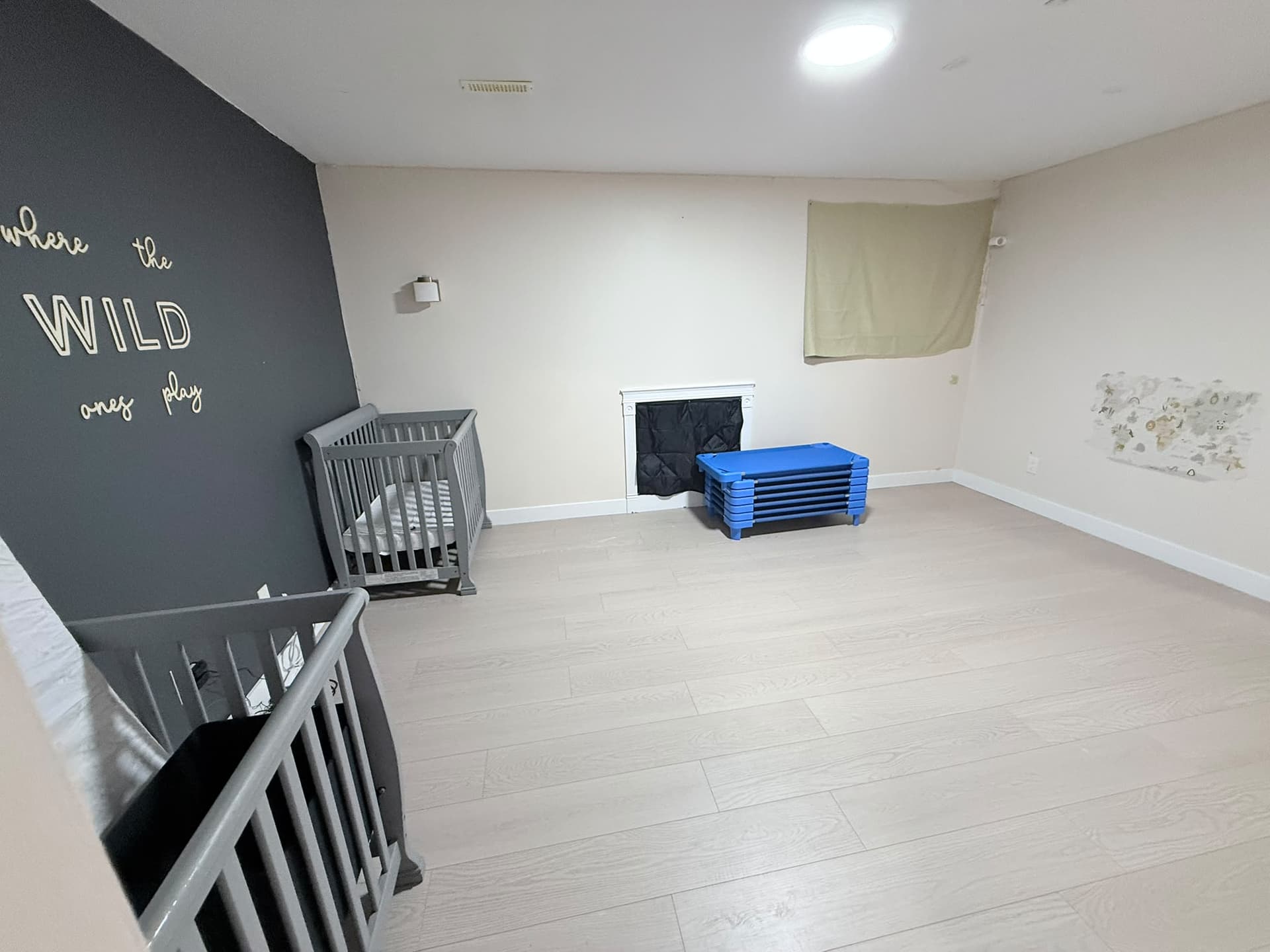 Nap room with cribs and sleeping mats