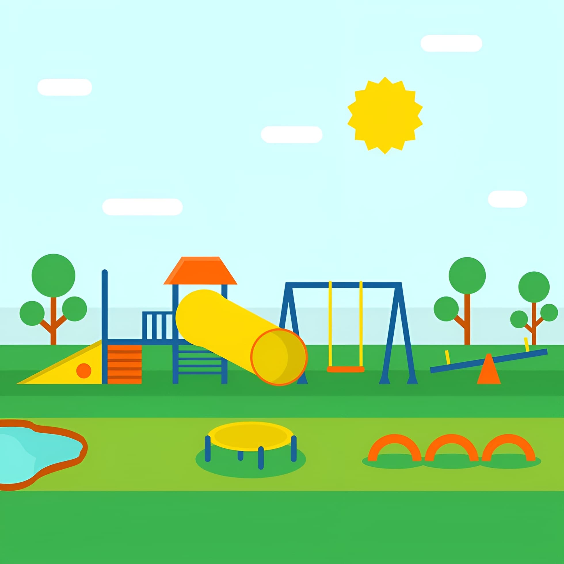 Illustration of a daycare playground with a slide, swings, and trees